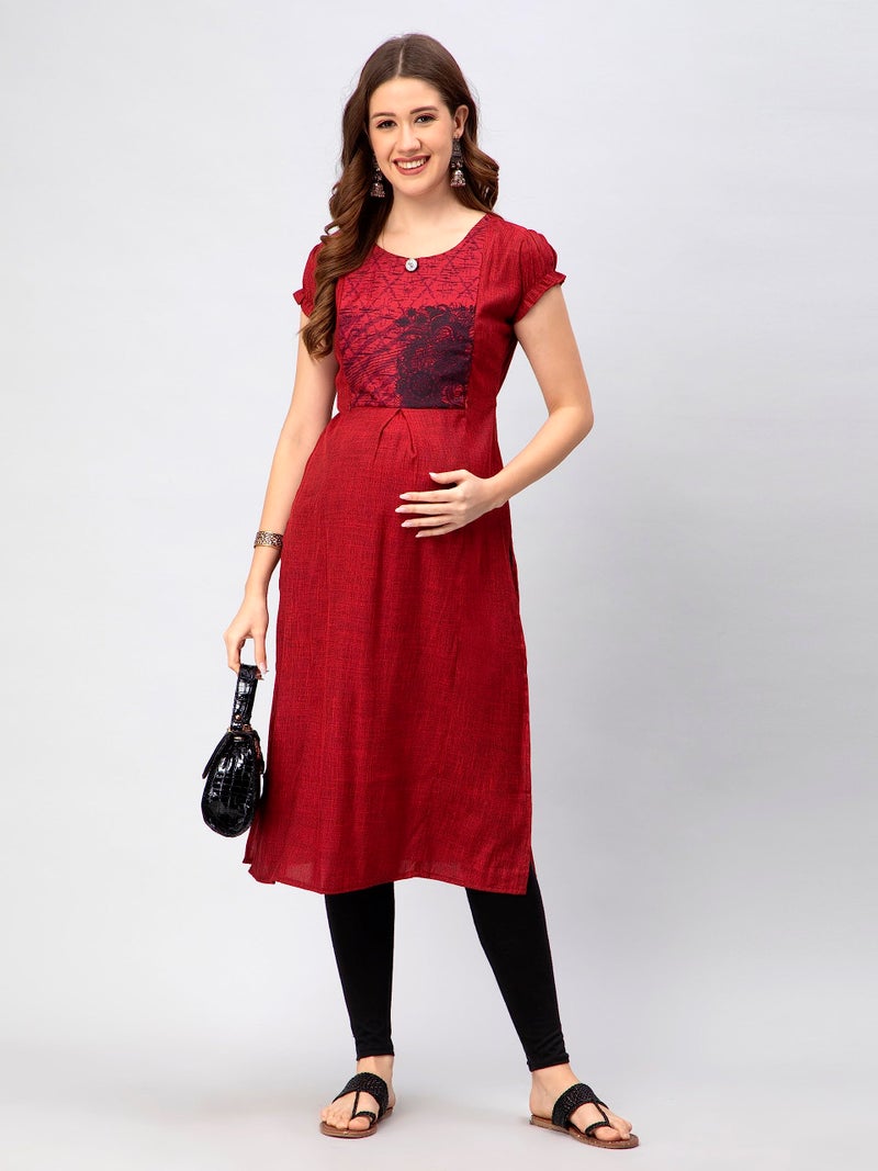 CEE 18 Women's Cotton Rayon Straight Maternity Feeding Kurti for Feeding with Zippers(9652_40,Romantic Red,L) - Image 4