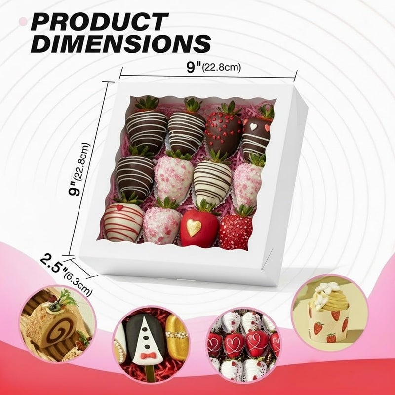 SLShePack 12Pack 9X9X2.5 Inches White Bakery Boxes,Pie Boxes with Clear Window Treat Boxes for Chocolate Strawberries, Pastries, Muffins, Donuts,Cookie,Breakable Heart - Image 2
