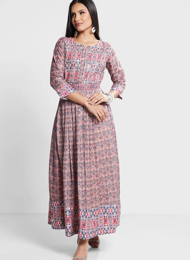 kolaba Embroidered Printed Tiered Dress