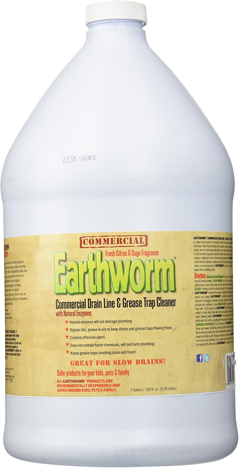 Earthworm معالجة منظف خط الصرف التجاري وفخاخ الدهون - مزيل انسداد - فاتح مجاري / مزيل روائح - إنزيمات طبيعية، مسؤولة بيئيًا - 1 جالون - Image 1