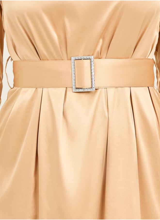 Styli - Satin Embellished Buckle Belted Shift Midi Dress - Image 1