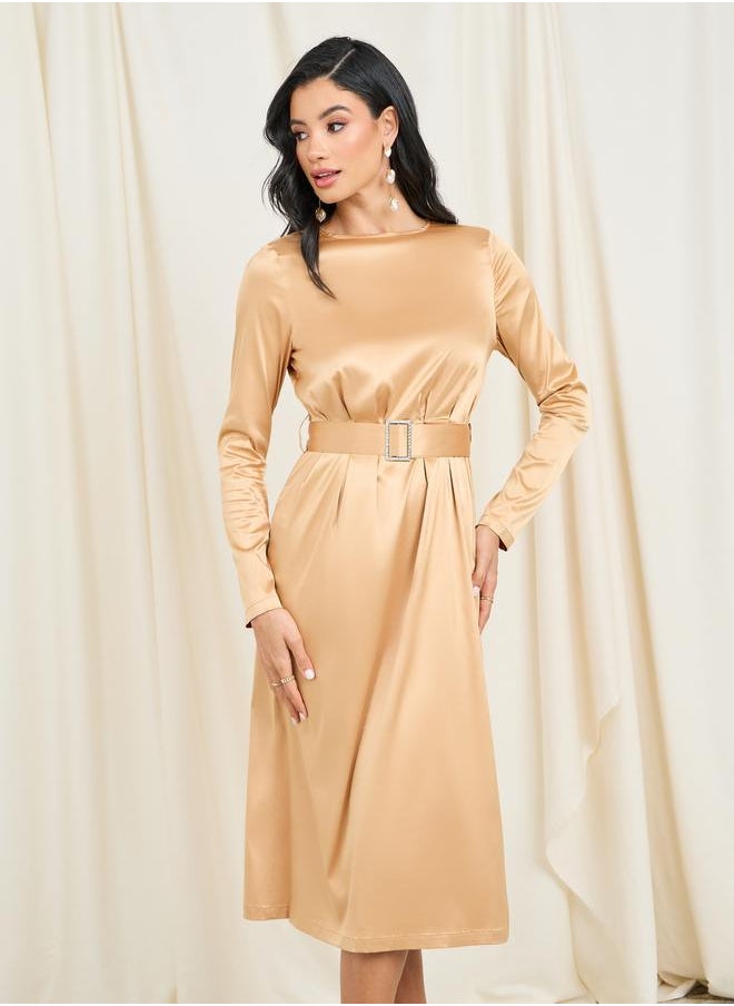 Styli - Satin Embellished Buckle Belted Shift Midi Dress - Image 1