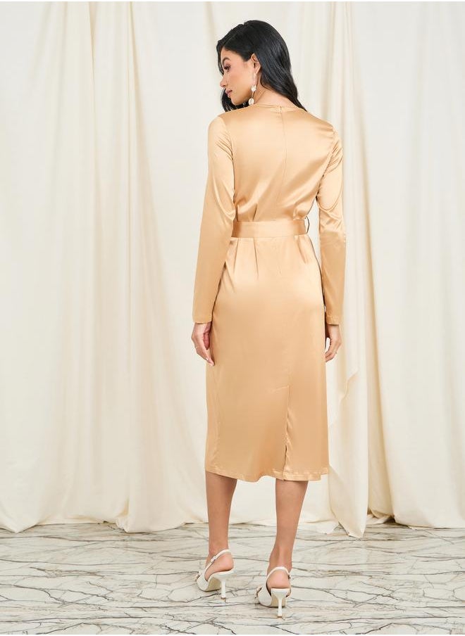 Styli - Satin Embellished Buckle Belted Shift Midi Dress - Image 1