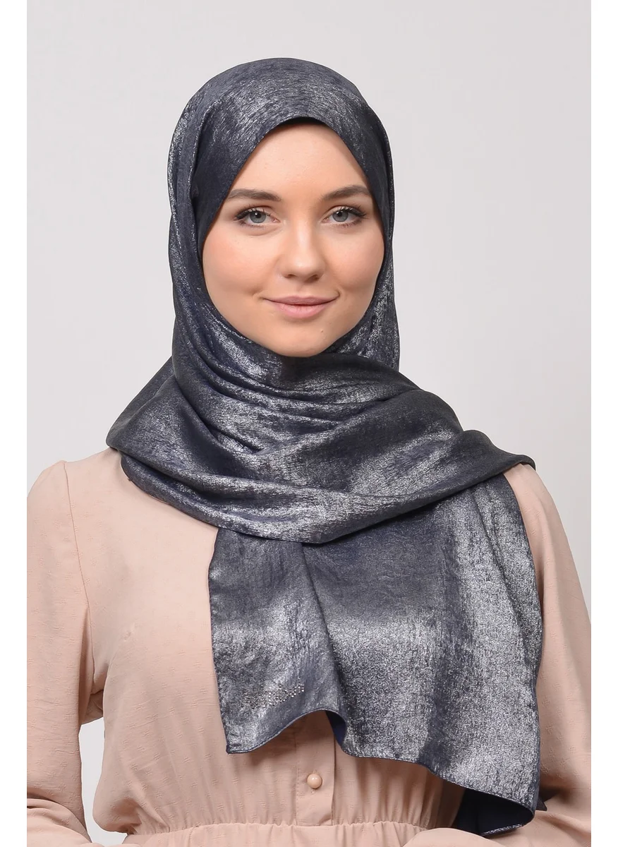 التوبة Double Color Shiny Glittered Princess Hijab Shawl Cotton Navy Blue - Silver