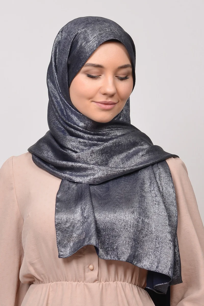 التوبة Double Color Shiny Glittered Princess Hijab Shawl Cotton Navy Blue - Silver