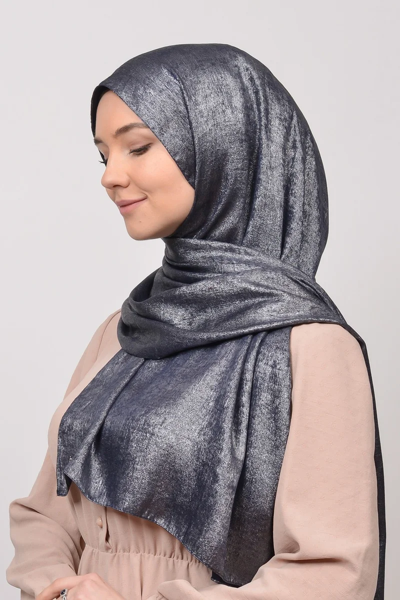 التوبة Double Color Shiny Glittered Princess Hijab Shawl Cotton Navy Blue - Silver
