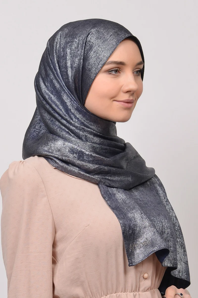 التوبة Double Color Shiny Glittered Princess Hijab Shawl Cotton Navy Blue - Silver