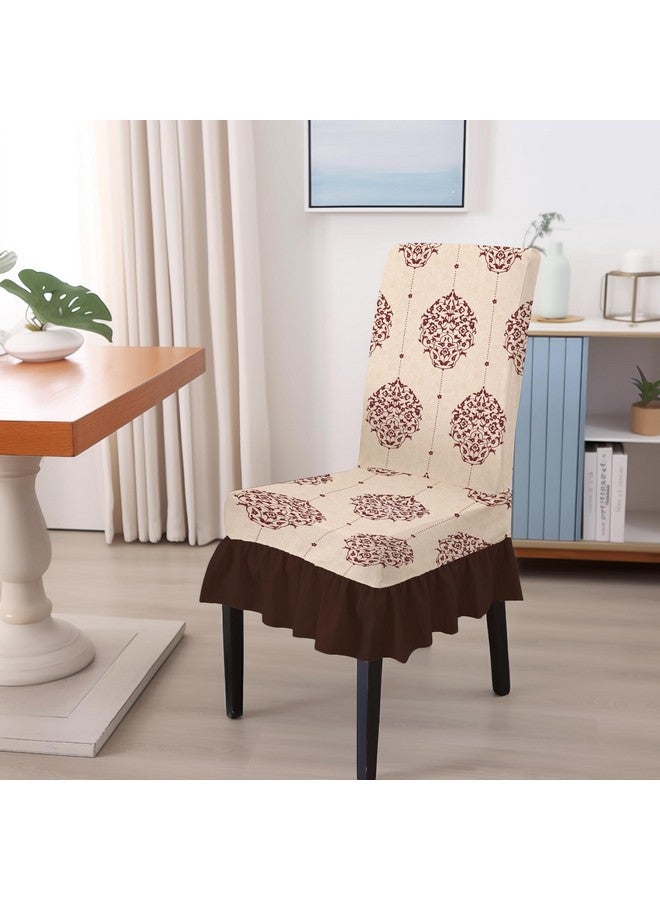 BRIDA BRIDA Stretchable Floral Geometric Printed Dining Chair Covers Frill Skirt Elastic Chair Seat Case Protector, Slipcovers (4 Chair Cover, Damask Beige) - Image 2