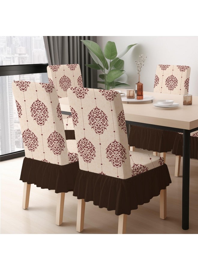 BRIDA BRIDA Stretchable Floral Geometric Printed Dining Chair Covers Frill Skirt Elastic Chair Seat Case Protector, Slipcovers (4 Chair Cover, Damask Beige) - Image 1