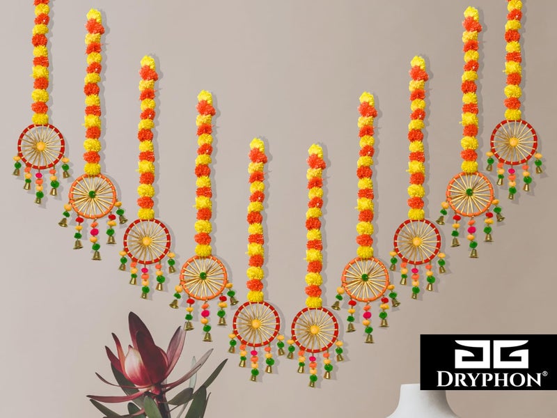 DRYPHON Artificial Marigold Flowers with Pom Pom Ring Bell Hanging Garlands for Home, Diwali & Wedding Decoration (Pack of 10) - Image 4