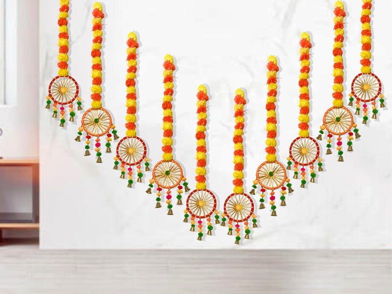 DRYPHON Artificial Marigold Flowers with Pom Pom Ring Bell Hanging Garlands for Home, Diwali & Wedding Decoration (Pack of 10) - Image 1