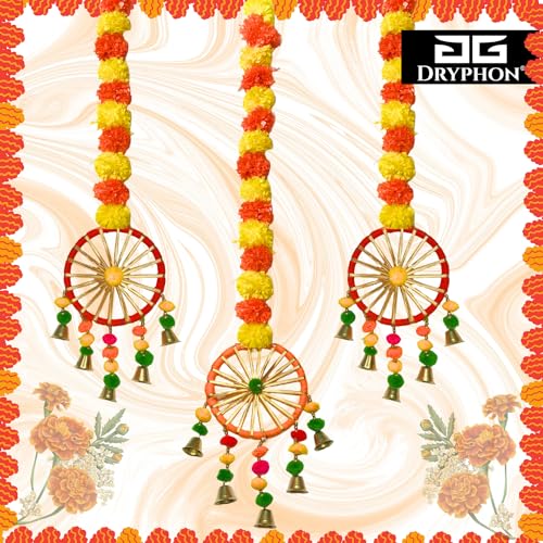 DRYPHON Artificial Marigold Flowers with Pom Pom Ring Bell Hanging Garlands for Home, Diwali & Wedding Decoration (Pack of 10) - Image 3