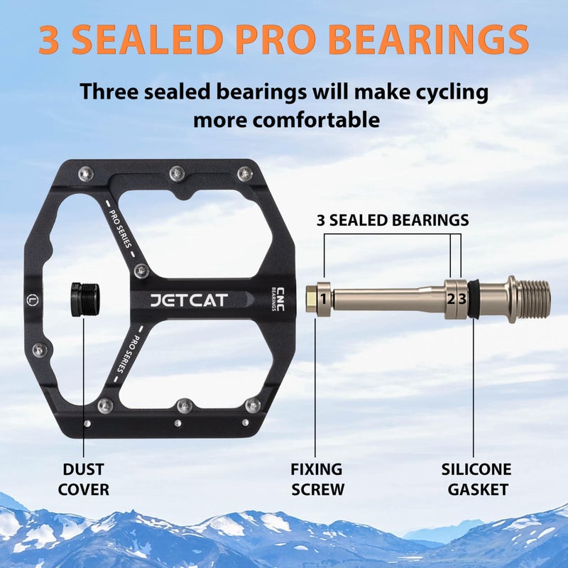 JETCAT بدالات دراجة جبلية JETCAT مسطحة - بدالات MTB مسطحة، بدالات دراجة، بدالات دراجة طريق، بدالات BMX، للدراجات BMX MTN طريق حصى EBike، قطع متخصصة، للبالغين، معدن ألمنيوم مطبوع 9/16" أسود - Image 3