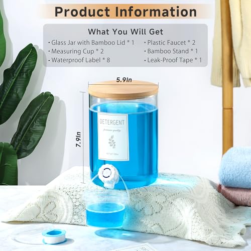KitHero 1 Glass Laundry Detergent Dispenser with Bamboo Lid 120 Oz Liquid Detergent Laundry Soap Fabric Softener Dispenser for Laundry Room Organization and Storage with 1 Cups 4 Labels - Image 3