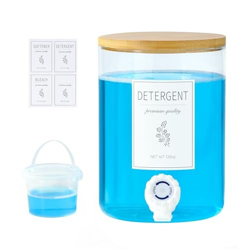 KitHero 1 Glass Laundry Detergent Dispenser with Bamboo Lid 120 Oz Liquid Detergent Laundry Soap Fabric Softener Dispenser for Laundry Room Organization and Storage with 1 Cups 4 Labels - Image 1