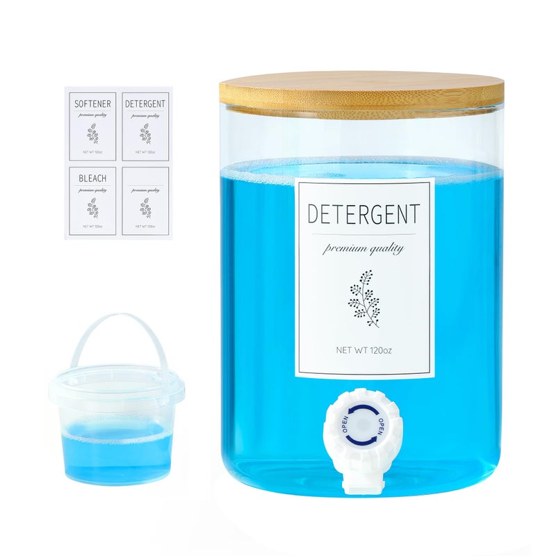 KitHero 1 Glass Laundry Detergent Dispenser with Bamboo Lid 120 Oz Liquid Detergent Laundry Soap Fabric Softener Dispenser for Laundry Room Organization and Storage with 1 Cups 4 Labels - Image 2