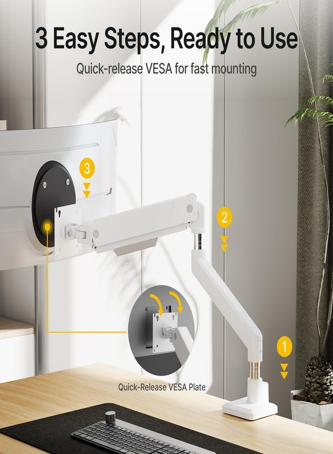 monTEK Single Monitor Arm for Max 45 Inch Ultrawide Screens Adjustable Monitor Desk Mount Holds 35 Lbs Cable Management with C Clamp/Grommet Desk Mount, VESA 75/100mm, MA1007WH - Image 4