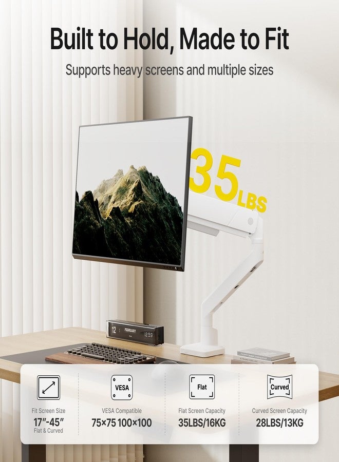 monTEK Single Monitor Arm for Max 45 Inch Ultrawide Screens Adjustable Monitor Desk Mount Holds 35 Lbs Cable Management with C Clamp/Grommet Desk Mount, VESA 75/100mm, MA1007WH - Image 3