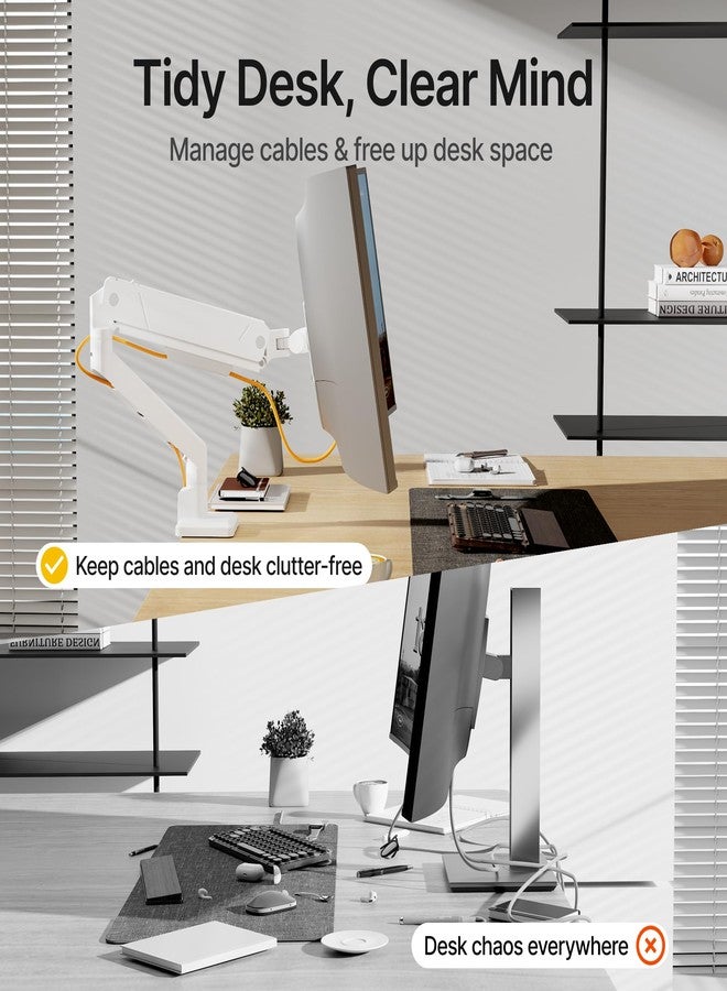 monTEK Single Monitor Arm for Max 45 Inch Ultrawide Screens Adjustable Monitor Desk Mount Holds 35 Lbs Cable Management with C Clamp/Grommet Desk Mount, VESA 75/100mm, MA1007WH - Image 5