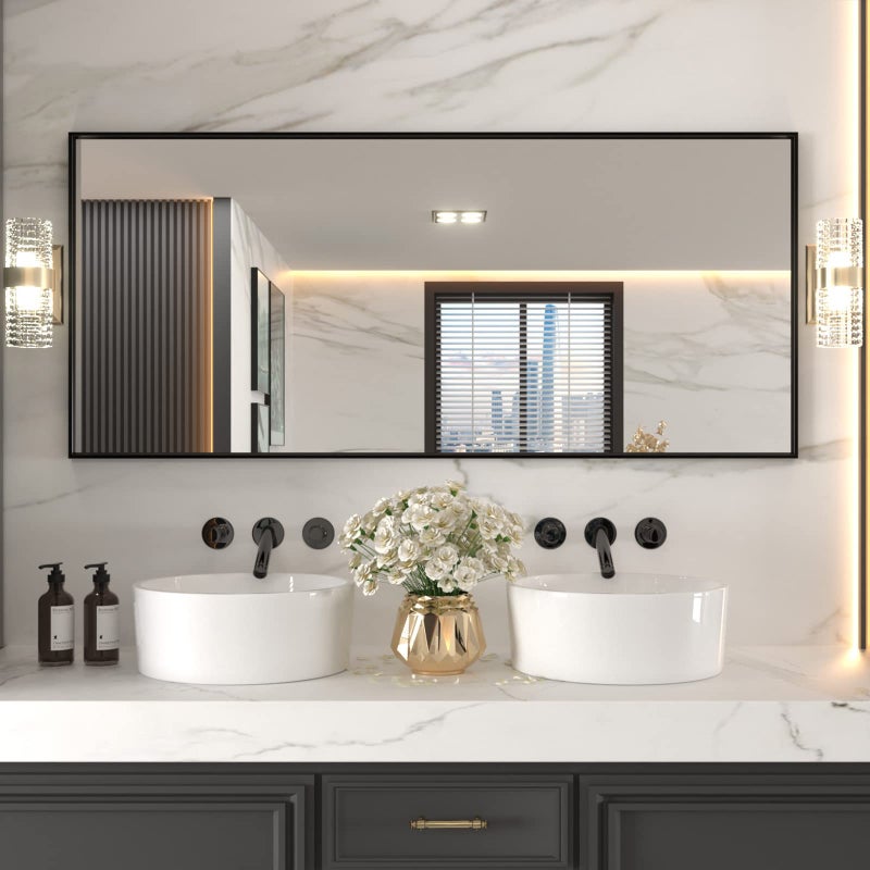 LOAAO 72X32 Black Rectangle Bathroom Mirror Wall Matte Black Aluminum Alloy Frame Tempered Glass Hangs Vertically or Horizontally Easy to Install