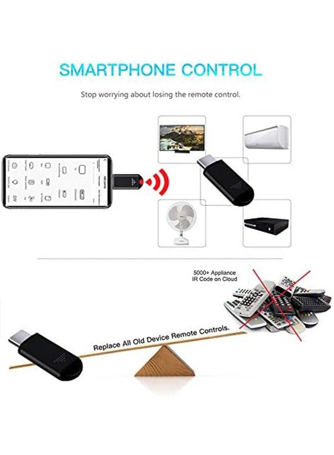 Universal Mini Smartphone IR Remote, محول وحدة التحكم للهاتف الذكي الاندرويد, التحكم العالمي بالأشعة تحت الحمراء الصغيرة كل في تلفزيون مكيف الهواء الواحد, دي في دي, STB, AC والأجهزة الذكية, نوع C, أسود - Image 4