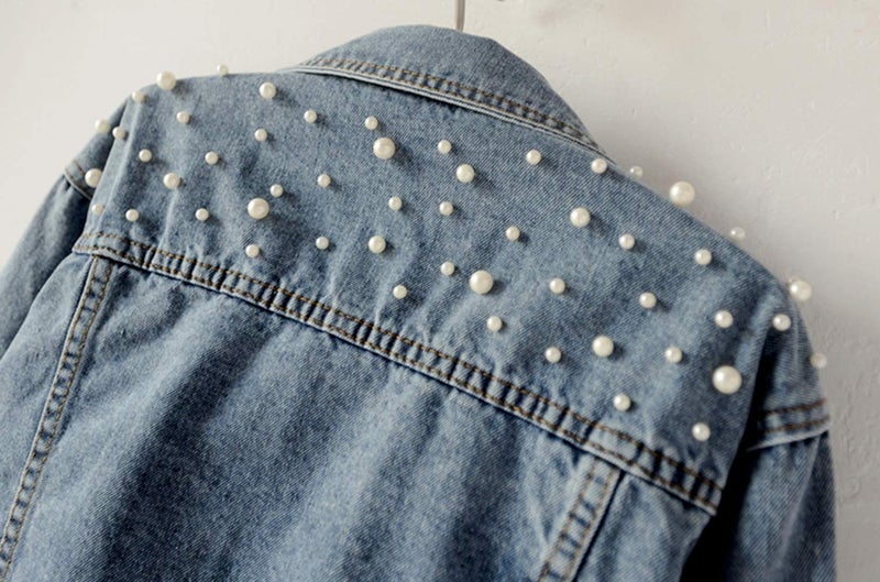 Kedera Women Oversized Denim Jacket Embroidered Pearls Beading Jeans Coat (Blue, Small) - Image 5
