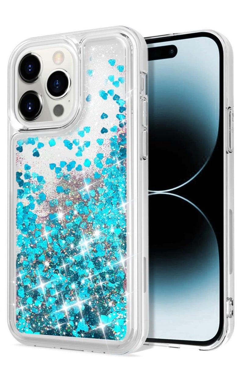 Case Club Glitter iPhone 15 Pro Max Case – Liquid Floating Blue Heart Sparkle Protective Cover with Transparent Shockproof Bumper – Slim TPU Case for Women & Girls - Image 1