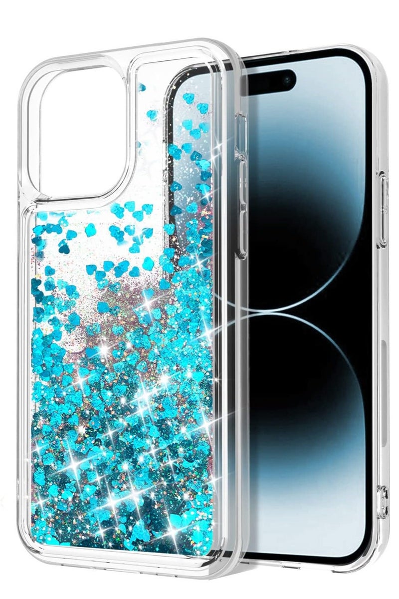 Case Club Glitter iPhone 15 Pro Max Case – Liquid Floating Blue Heart Sparkle Protective Cover with Transparent Shockproof Bumper – Slim TPU Case for Women & Girls - Image 3