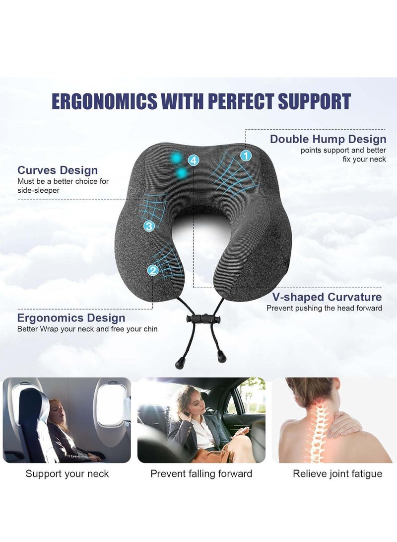 Travel Pillow Memory Foam Neck Pillow Removable Cover Sleeping Neck Pillow with Adjustable Clasp for Sleeping Airplane Car Office and Home with 3D Sleep Mask Earplugs and Storage Bag (Dark Grey) - Image 2