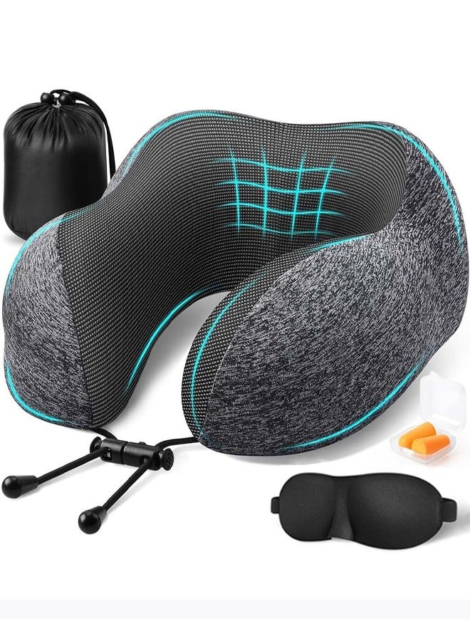 Travel Pillow Memory Foam Neck Pillow Removable Cover Sleeping Neck Pillow with Adjustable Clasp for Sleeping Airplane Car Office and Home with 3D Sleep Mask Earplugs and Storage Bag (Dark Grey) - Image 1