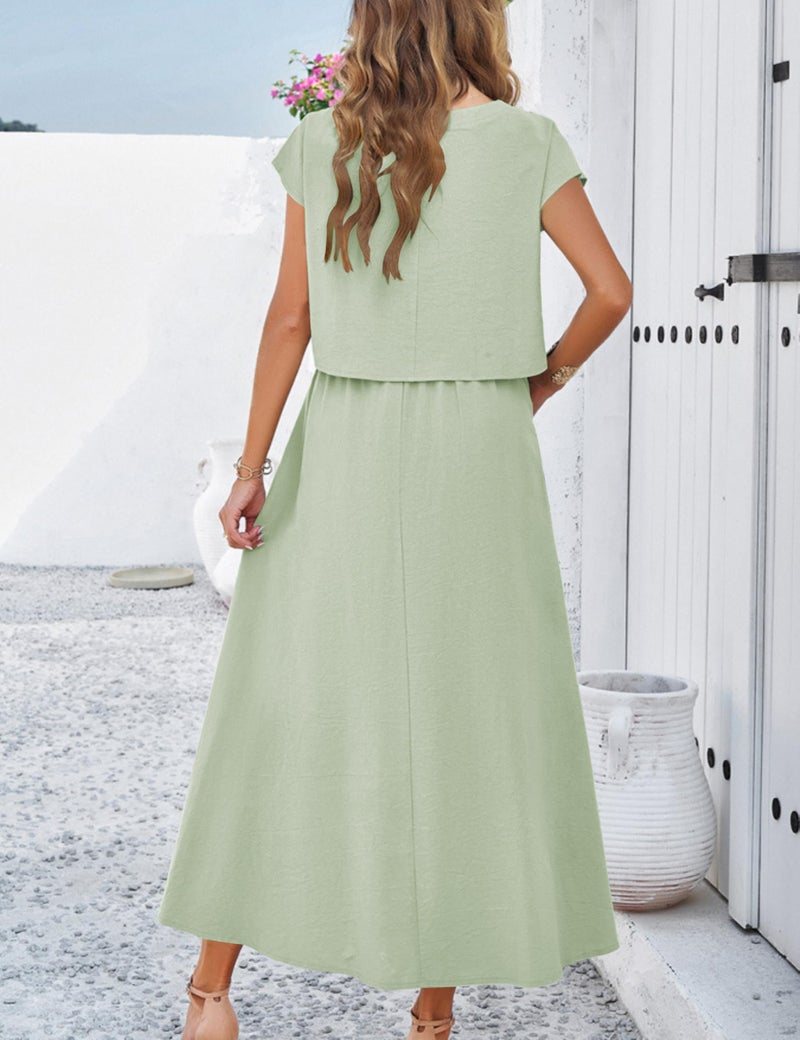HangNiFang Summer Skirt Sets Women 2 Piece Outfits Cap Sleeve Top Elastic Waist Maxi Dress Sets with Pockets(1218-LightGreen-S) - Image 4