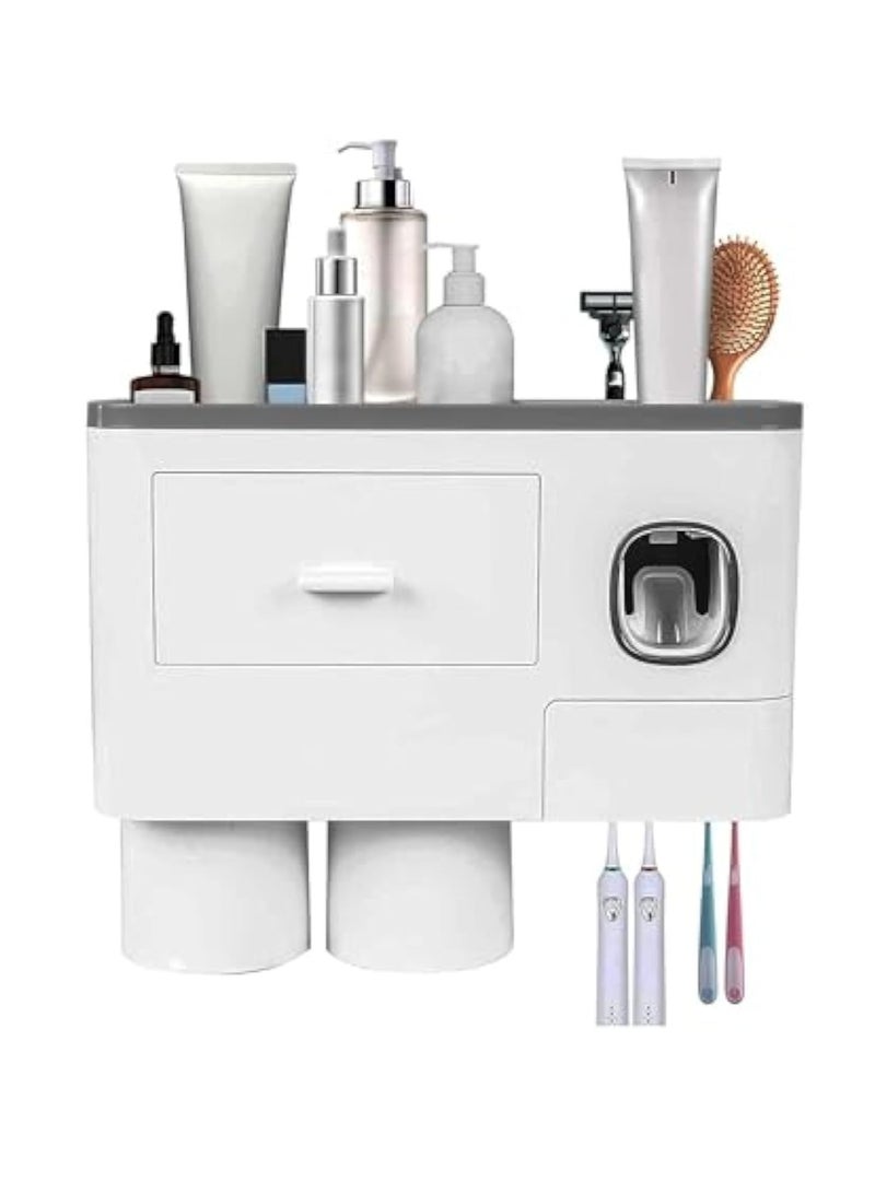Arabest 2 Cups Wall Mounted Toothbrush Holder, Multifunctional Space-Saving Toothbrush and Toothpaste Holder with Drawer for Cosmetics Organizer for Washroom and Bathroom  - Image 1