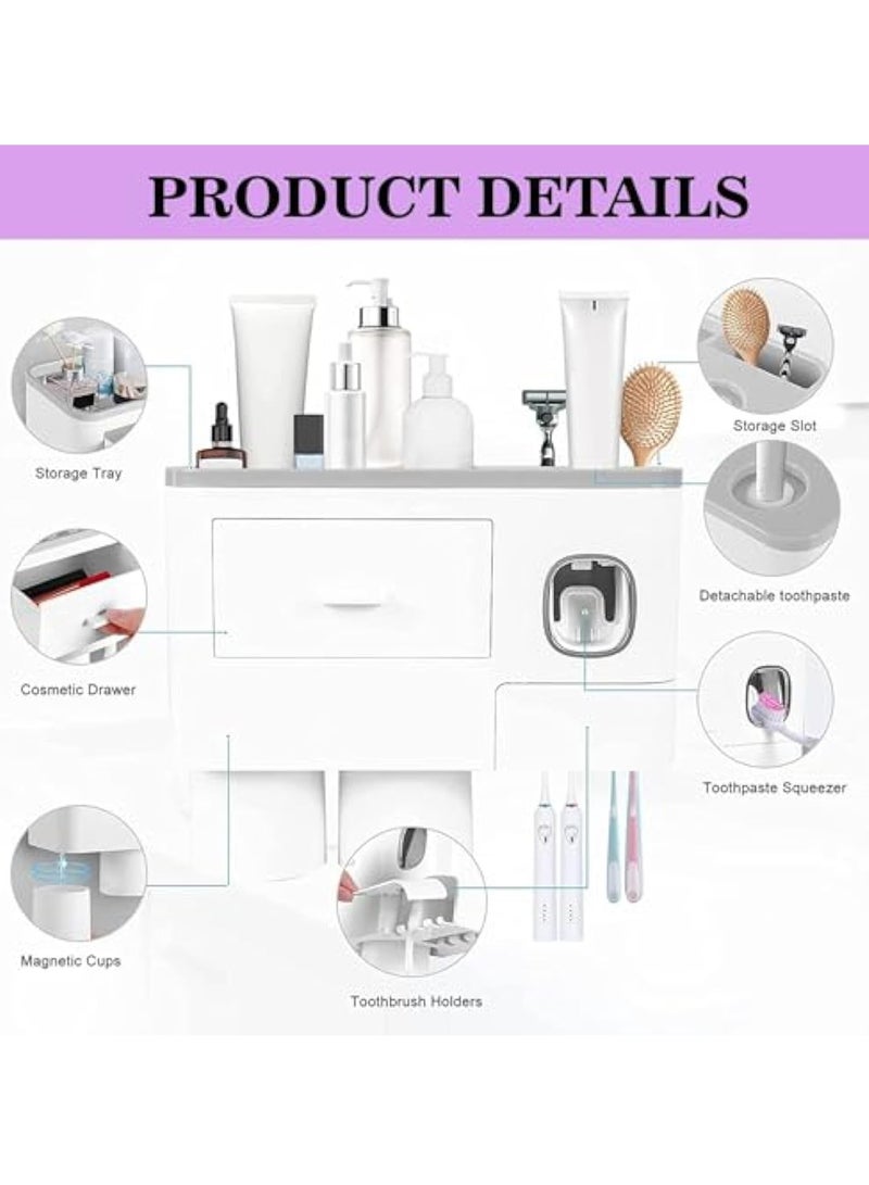 Arabest 2 Cups Wall Mounted Toothbrush Holder, Multifunctional Space-Saving Toothbrush and Toothpaste Holder with Drawer for Cosmetics Organizer for Washroom and Bathroom  - Image 2