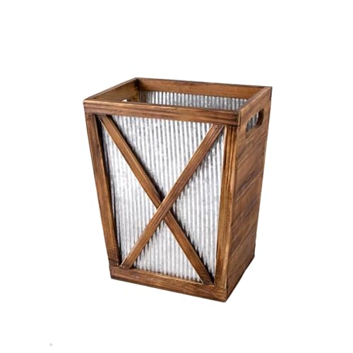 Venalys Small Wood Trash Can Wastebasket, Decorative Barn Door Garbage Can Waste Basket, Rustic Distressed Rectangular Trash Bin, Farmhouse Wooden Storage Basket Waste Paper Bin (Brown) - Image 1