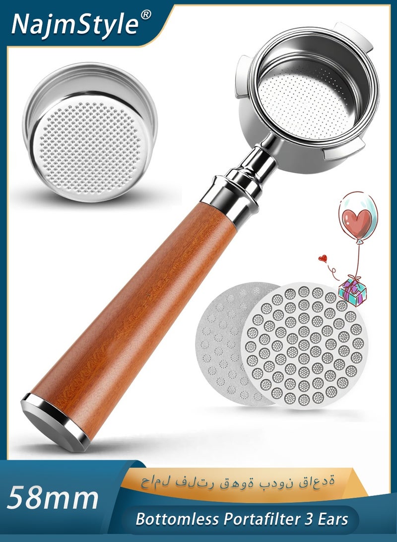 NajmStyle 58mm Bottomless Portafilter, 3 Ears Stainless Steel Coffee Portafilter with Solid Wood Handle and Puck Screen for Espresso Machine Baristas Coffee Lovers - Image 1