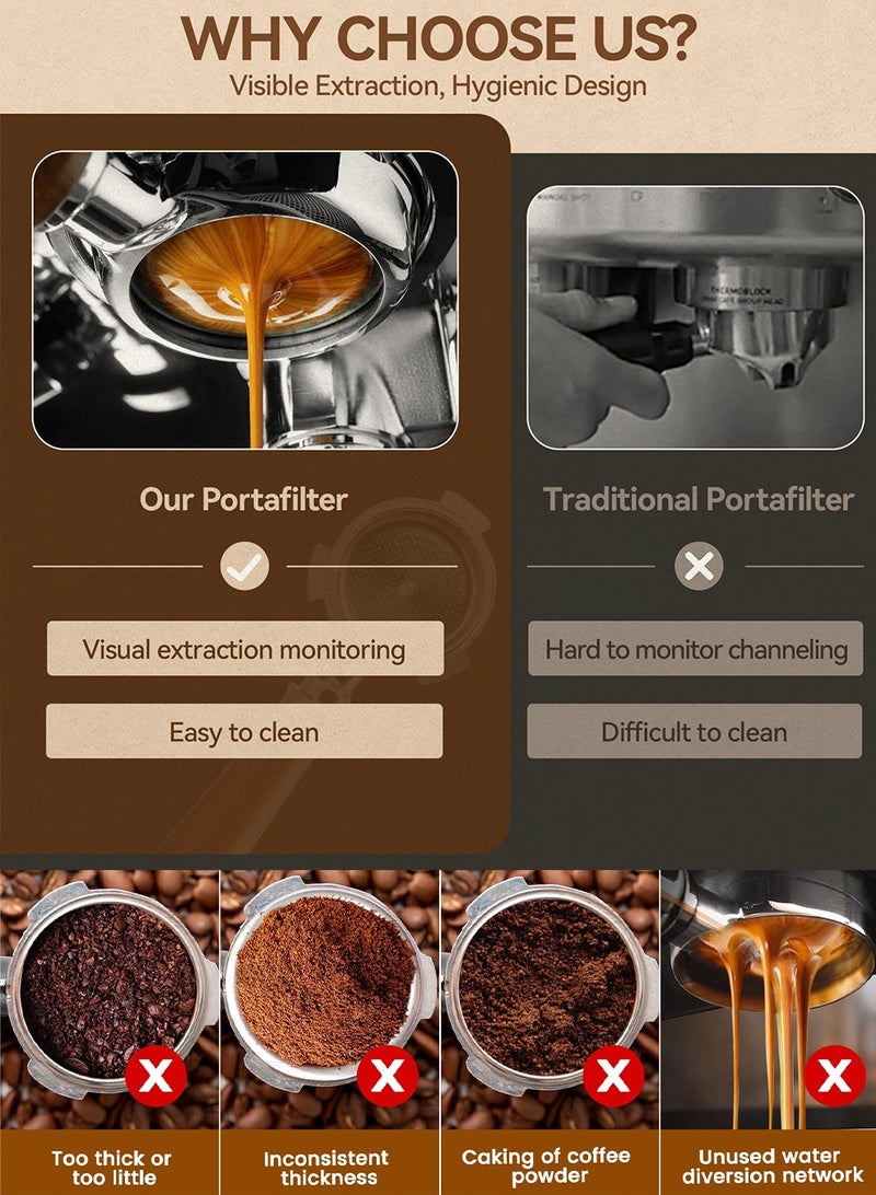 NajmStyle 58mm Bottomless Portafilter, 3 Ears Stainless Steel Coffee Portafilter with Solid Wood Handle and Puck Screen for Espresso Machine Baristas Coffee Lovers - Image 3