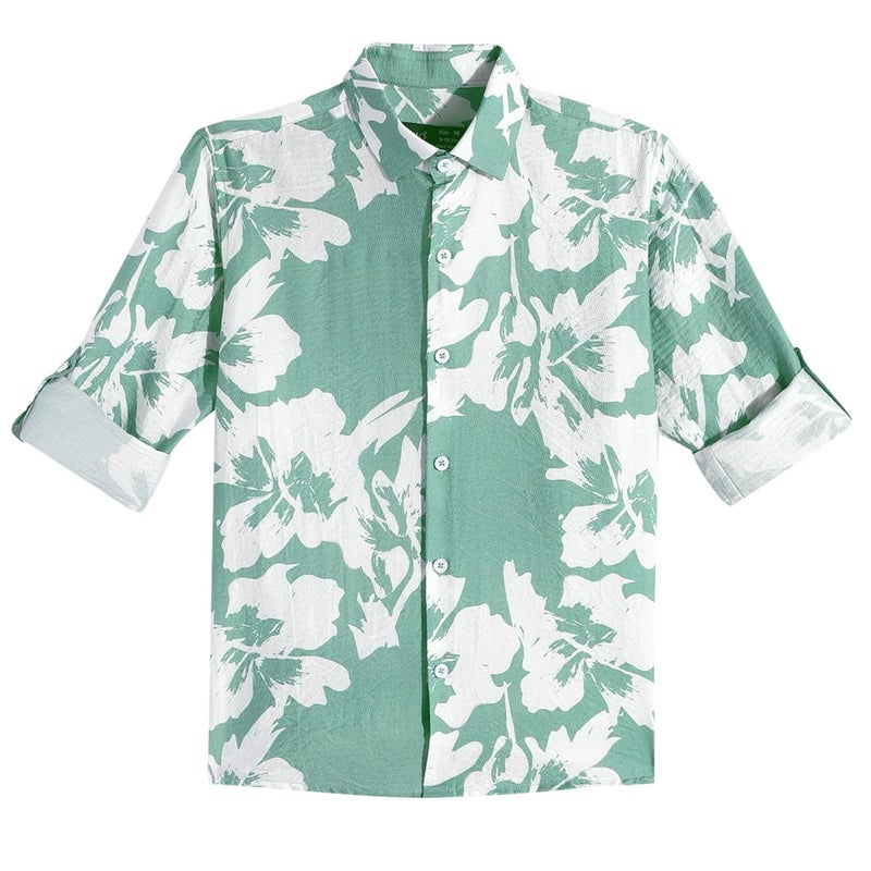 CAVIO Boys Cotton Full Sleeves Floral Pattern Casual Shirt - Green - Image 1