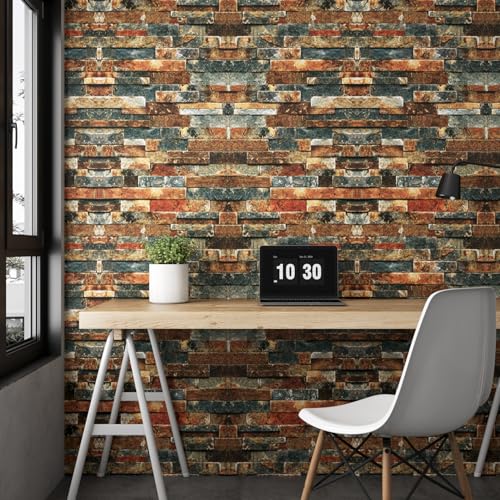 LACHEERY Vintage Brick Wallpaper Peel and Stick 3D Textured Brown Blue Stone Wallpaper Removable Self Adhesive Brick Contact Paper for Walls Kitchen Fireplace Heat Resistant Waterproof Roll 158x80 - Image 3
