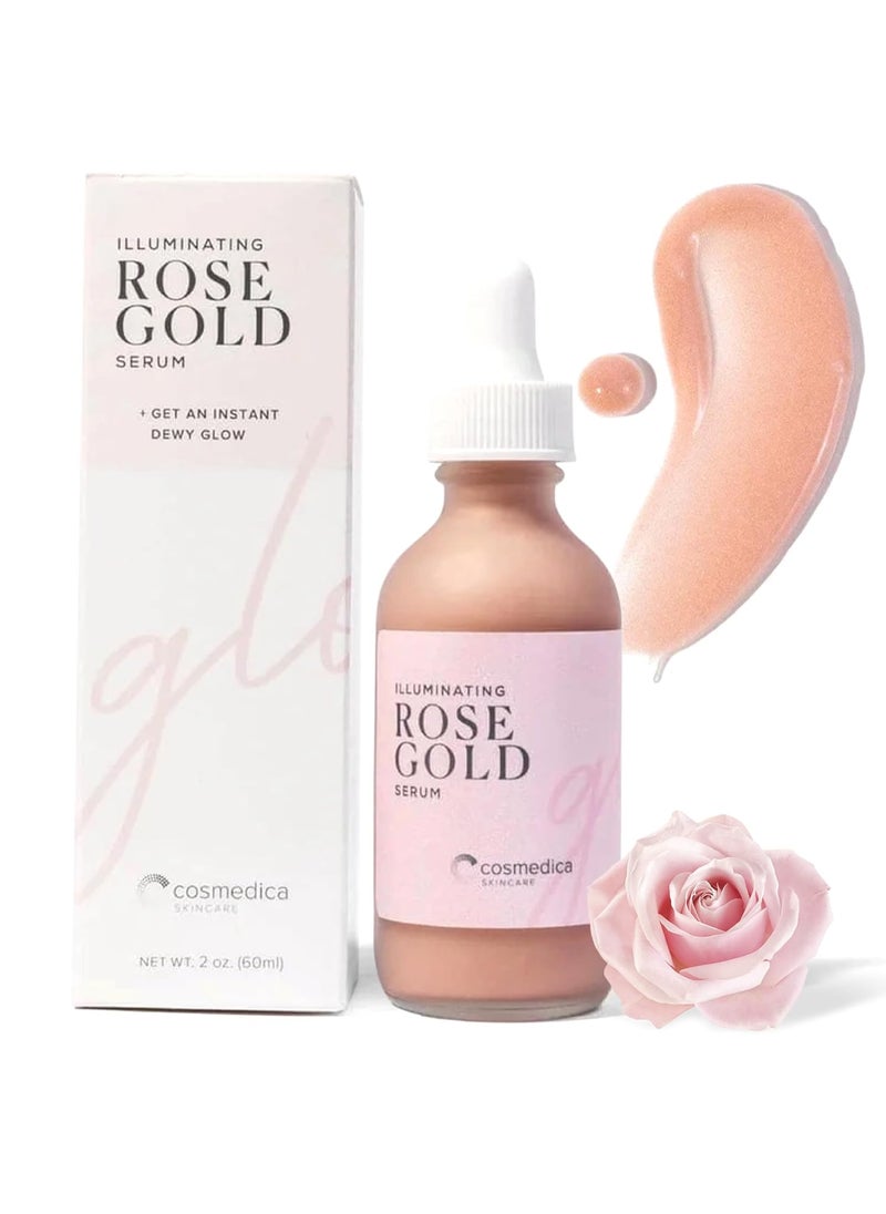 Cosmedica Skincare Illuminating Rose Gold Facial Serum Elixir with hydrating Aloe and Hyaluronic Acid for a light highlighting Primer  Natural makeup or no makeup look with dewy finish 2 oz 