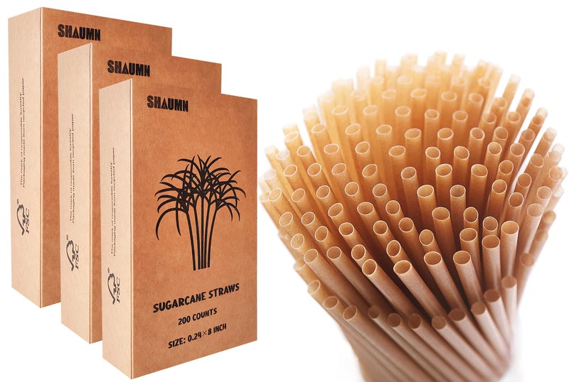 SHAUMN 600pcs Sugarcane Straws 8 Inch Compostable Straws Biodegradable Eco-Friendly Drinking Straws Plasticless Sturdy Smoothie Straws Not Foggy Packed by 200 Count per box(3 packs) - Image 1