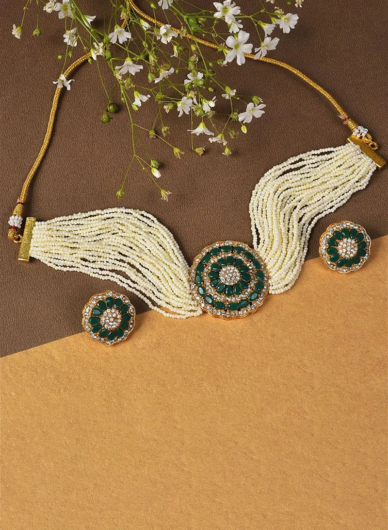 SOHI Gold Plated Designer Stone Pearl Necklace and Earrings Set