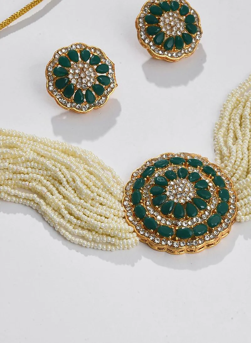SOHI Gold Plated Designer Stone Pearl Necklace and Earrings Set