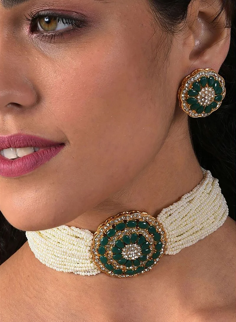SOHI Gold Plated Designer Stone Pearl Necklace and Earrings Set