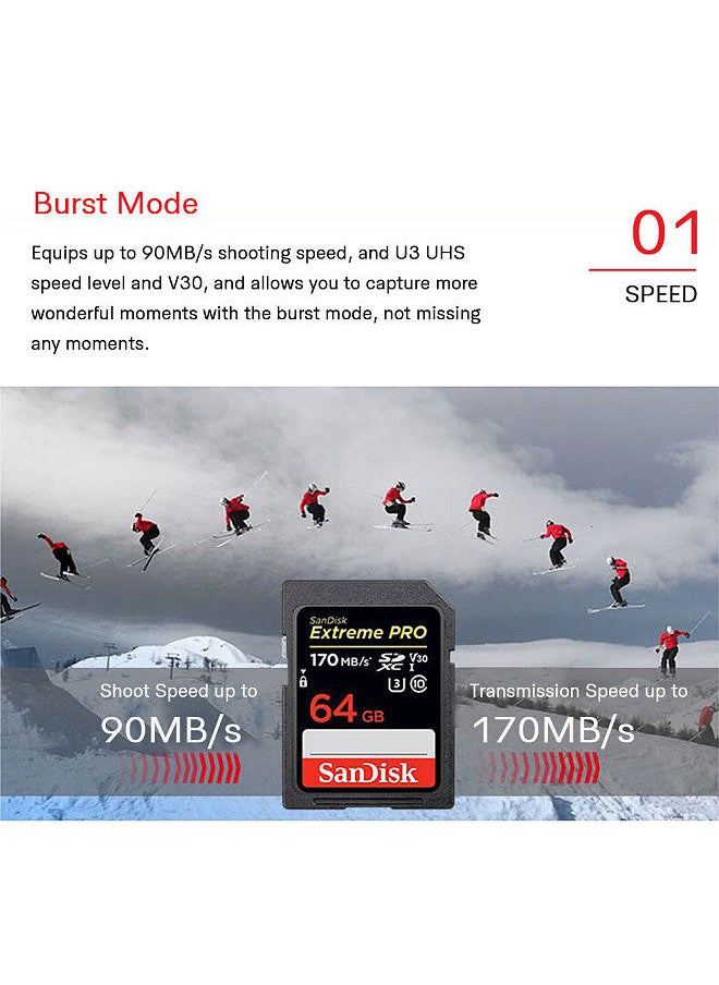 Genuine   Extreme Pro SDXC UHS-1 64GB SD Card  U3 C10 V30 4K Memory Card Super Fast Speed 170MB/s Read 90MB/s Write