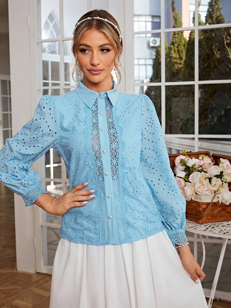 Simplee Blouse Stand Collar Balloon Sleeve Eyelet Loose Patchwork Puff Ruffle Lace Sheer Light Blue Baby French