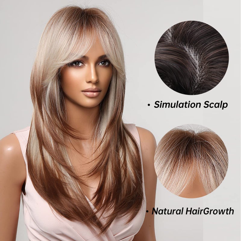 Allbell Long Straight Wigs for White Women Brown Highlight Mixed Blonde Gray Hair with Bangs - Image 2