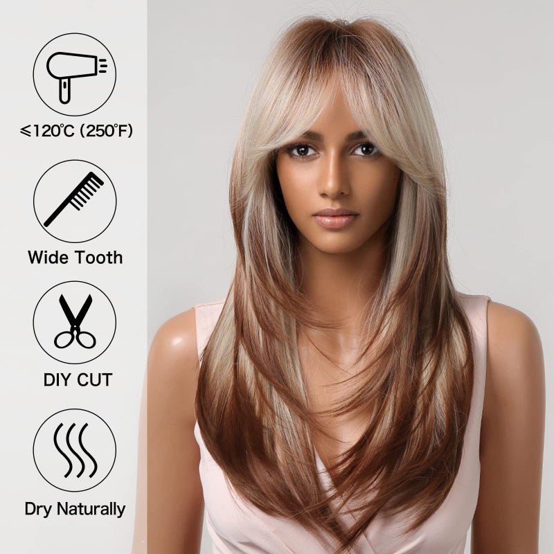 Allbell Long Straight Wigs for White Women Brown Highlight Mixed Blonde Gray Hair with Bangs - Image 4