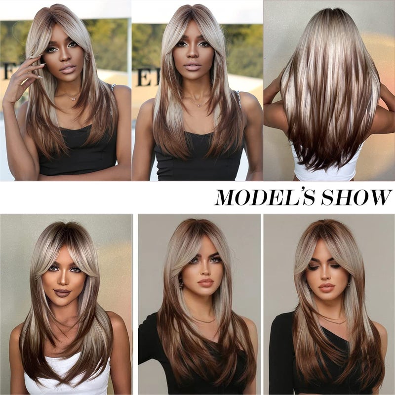 Allbell Long Straight Wigs for White Women Brown Highlight Mixed Blonde Gray Hair with Bangs - Image 5