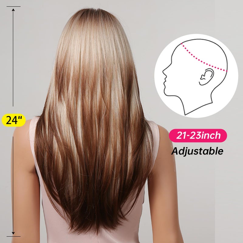 Allbell Long Straight Wigs for White Women Brown Highlight Mixed Blonde Gray Hair with Bangs - Image 3