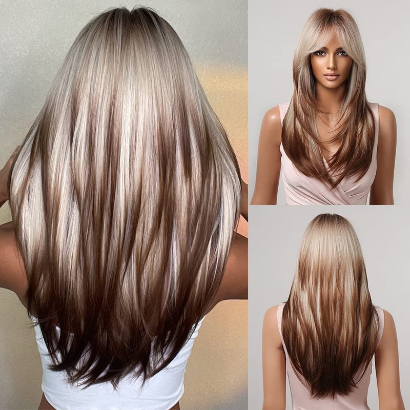 Allbell Long Straight Wigs for White Women Brown Highlight Mixed Blonde Gray Hair with Bangs - Image 1